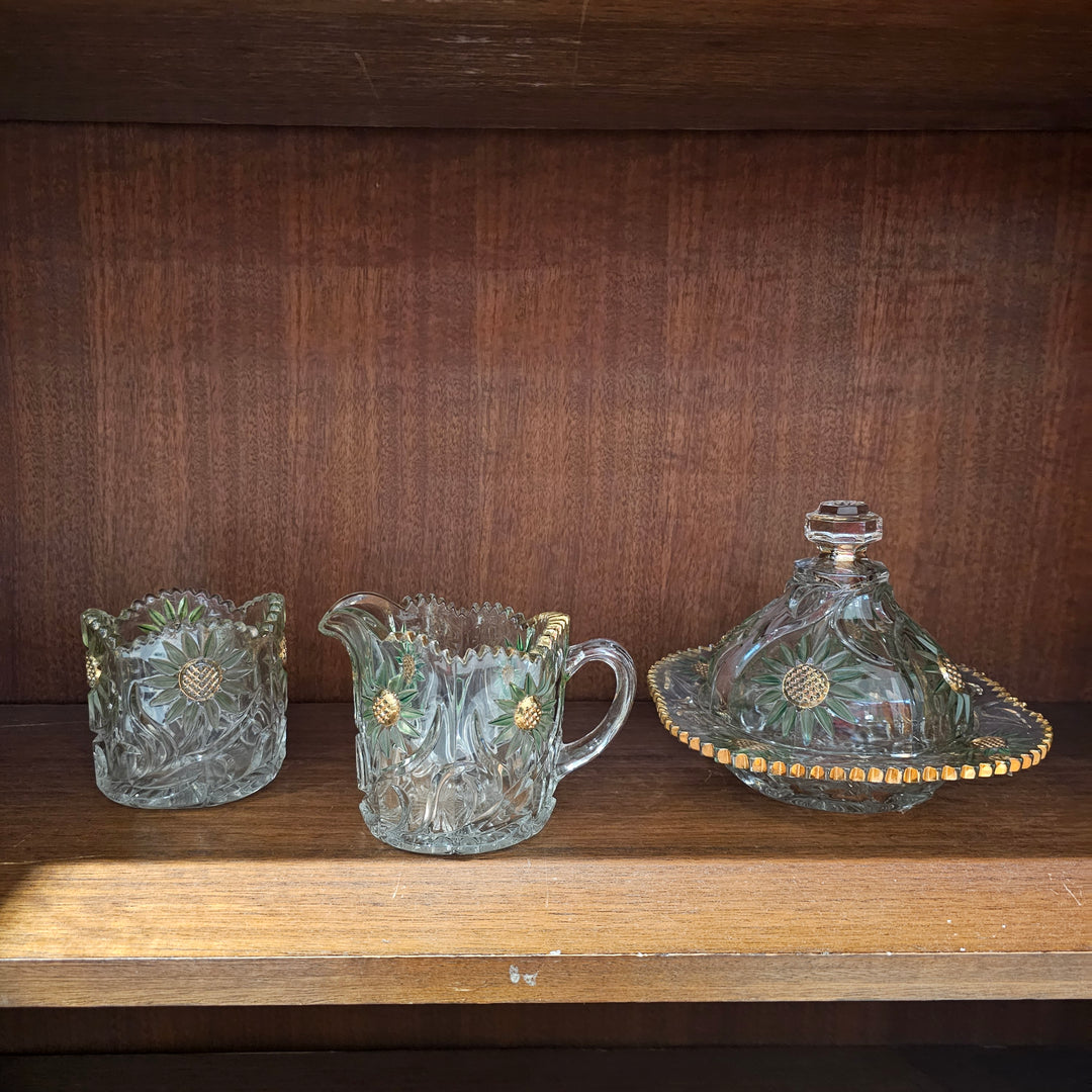 Vintage Set of 3 Intaglio Sunflower Green/Gold Glass Pieces