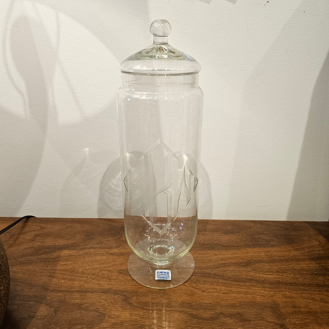 Tall Lidded Glass Etched Vase