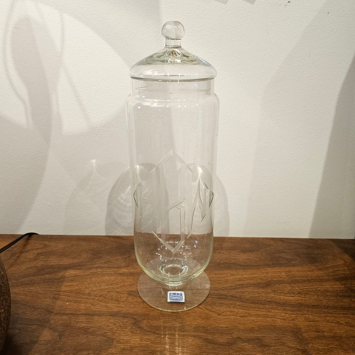 Tall Lidded Glass Etched Vase