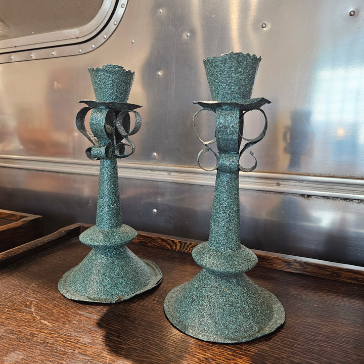 Pair of Teal Tin Candle Holders