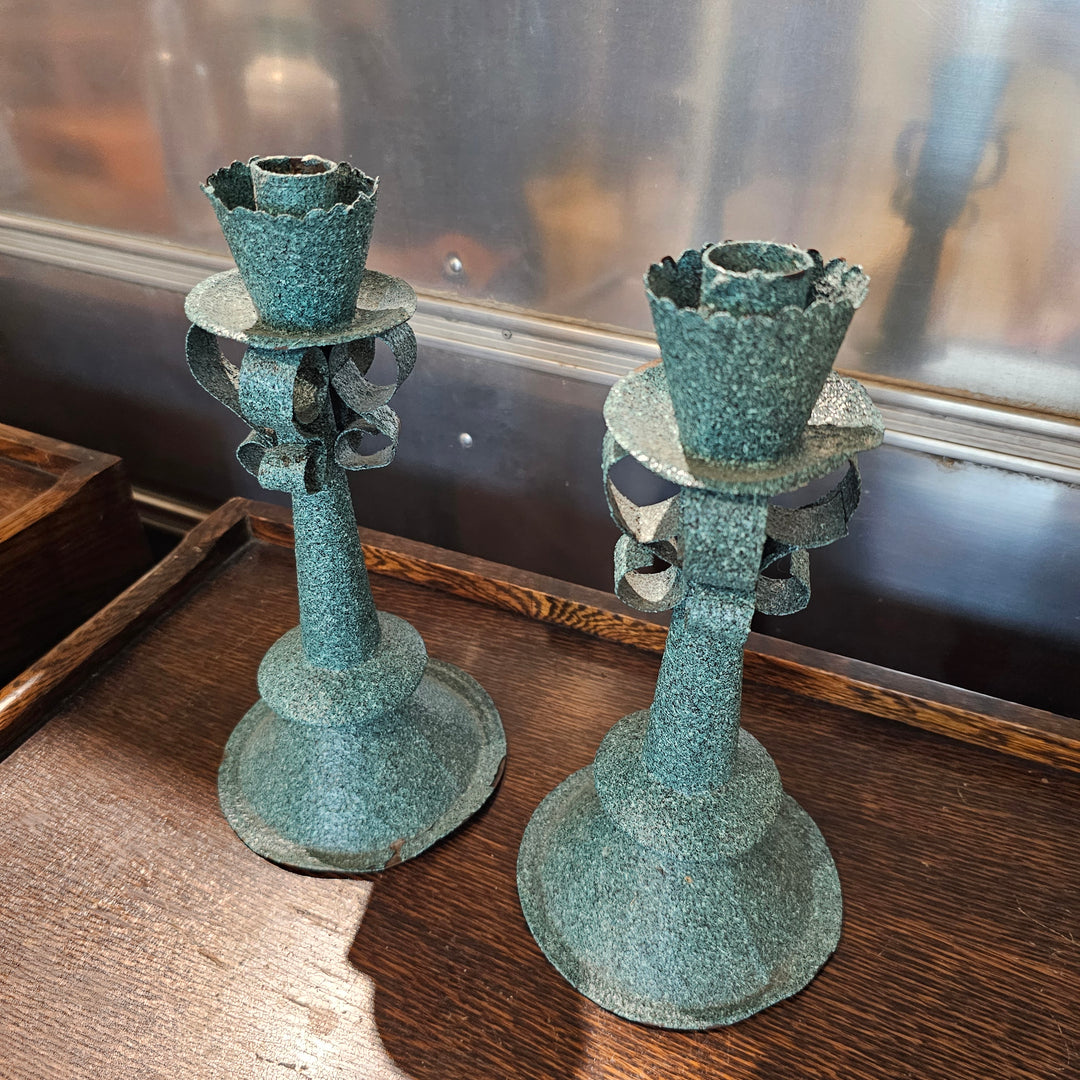 Pair of Teal Tin Candle Holders