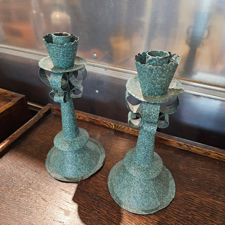 Pair of Teal Tin Candle Holders