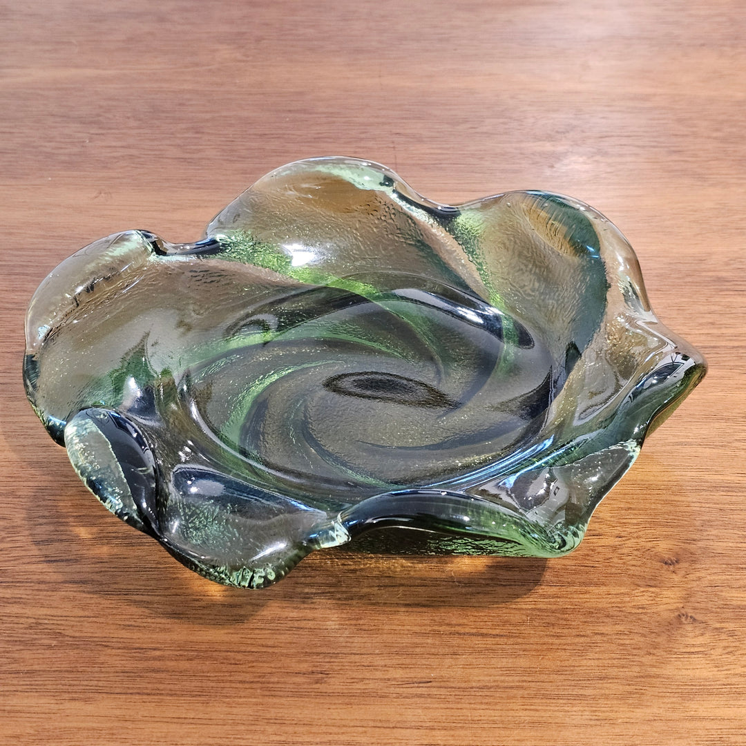 Fenton Art Glass Ashtray Green Swirl Wave