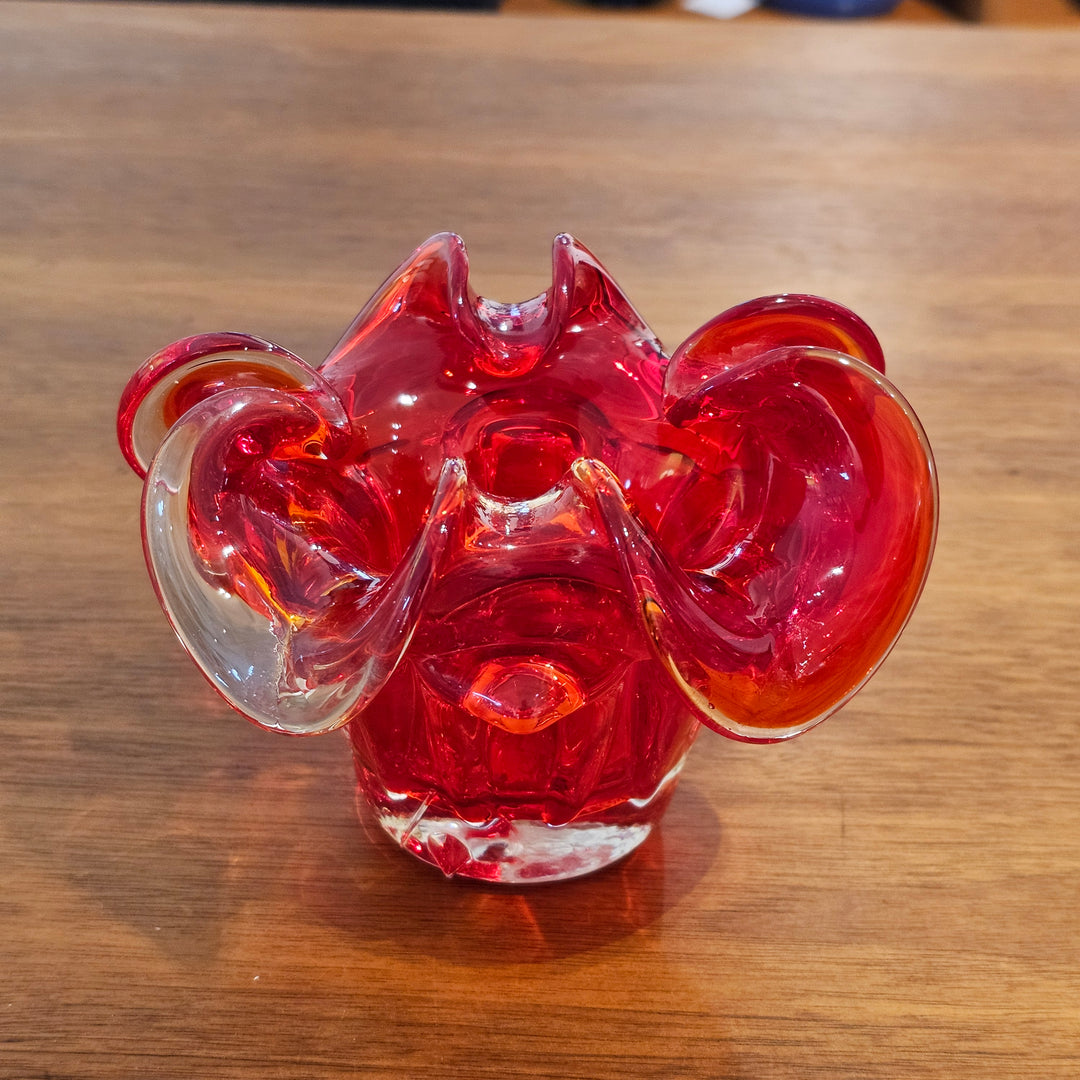 Ruby Red Hand Blown Glass Ruffled Edge Vase