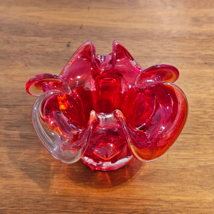 Ruby Red Hand Blown Glass Ruffled Edge Vase