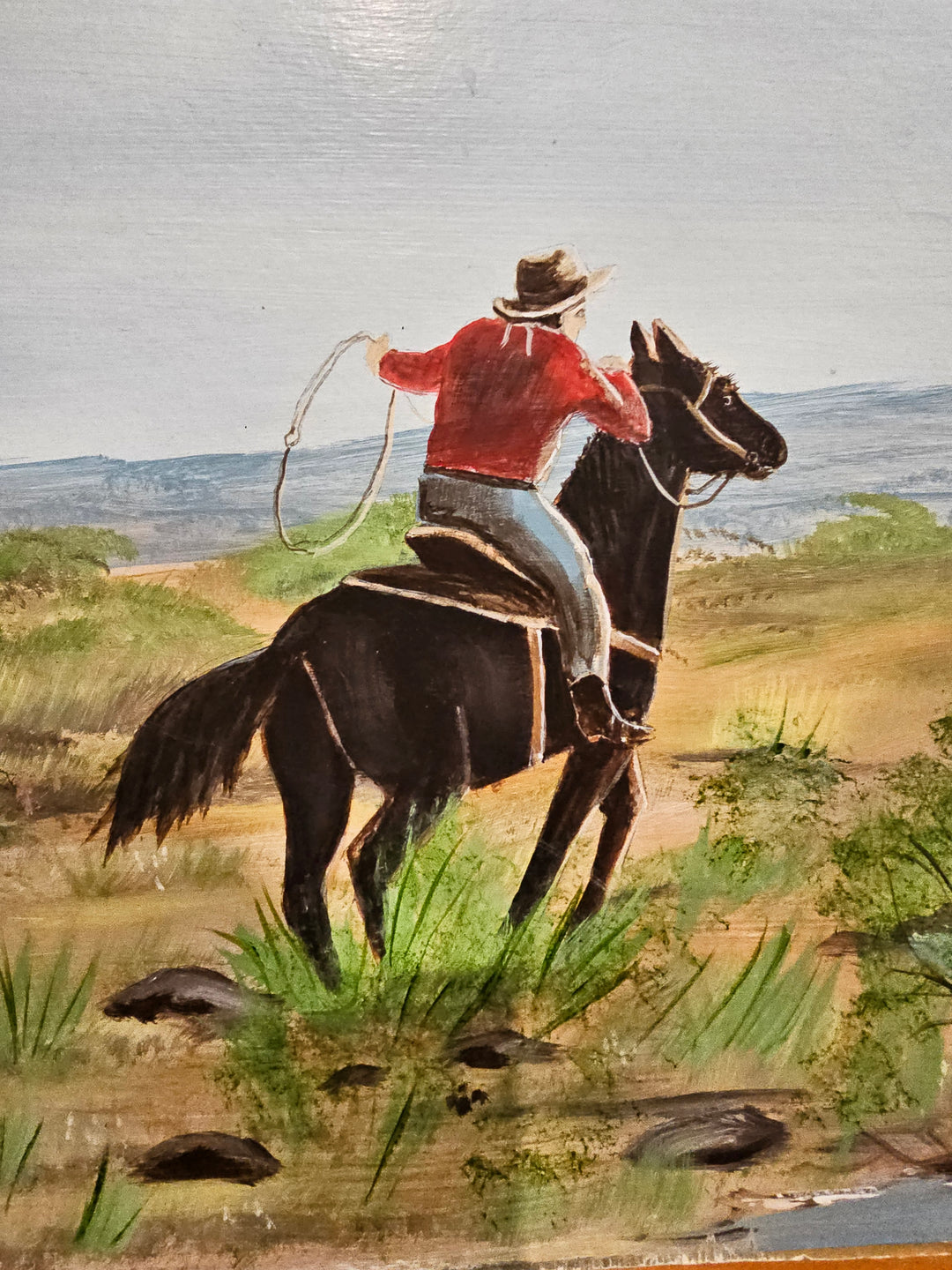 Vtg Signed Cowboy Painting on Board