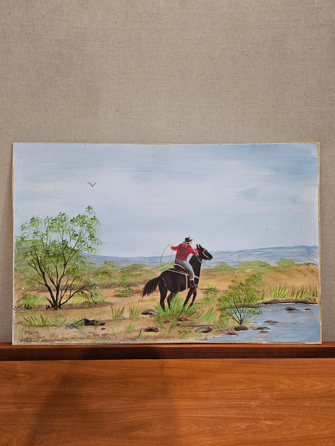 Vtg Signed Cowboy Painting on Board