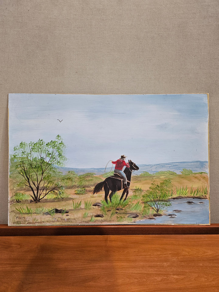 Vtg Signed Cowboy Painting on Board